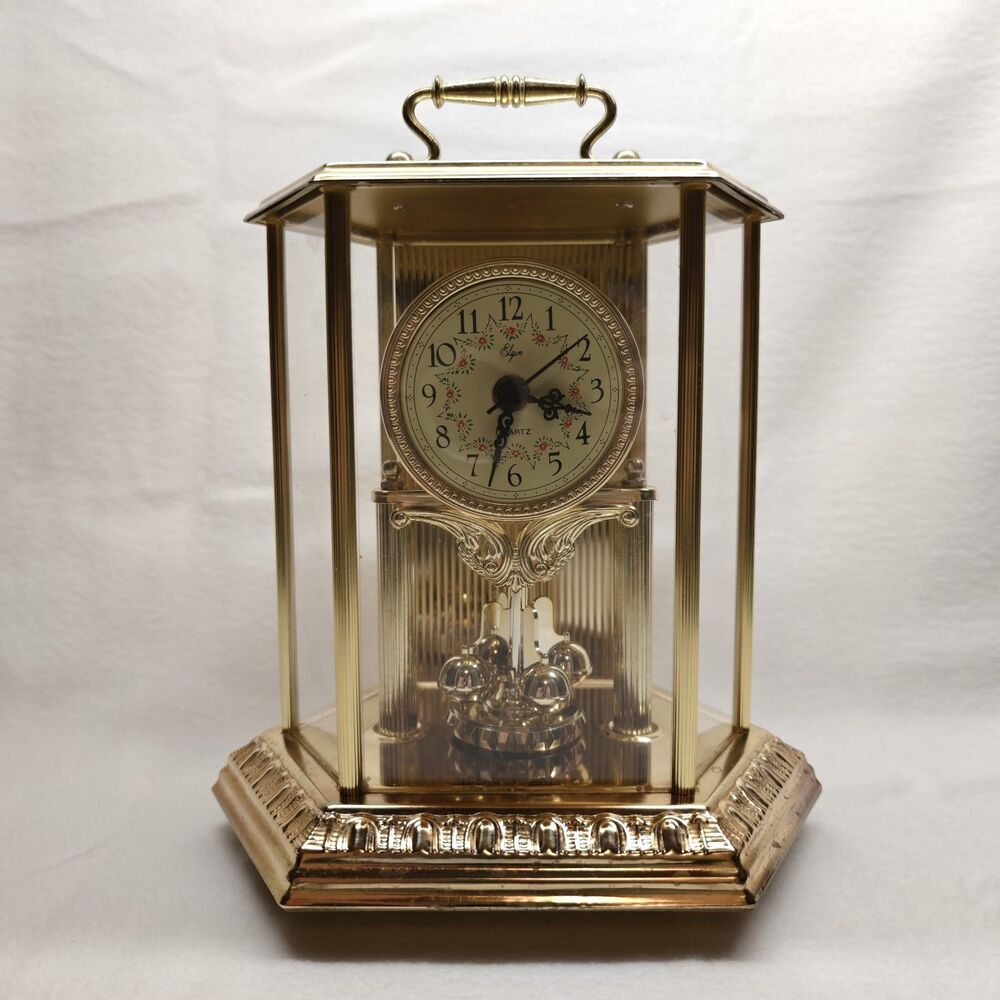 Elgin Quartz Brass Mantel Clock Faux Pendulum Hong Kong Parts Repair AS-IS Decor